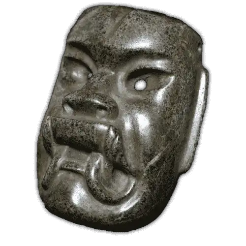 Pre-Columbian art an Olmec Mask shows its side view and is green in color.