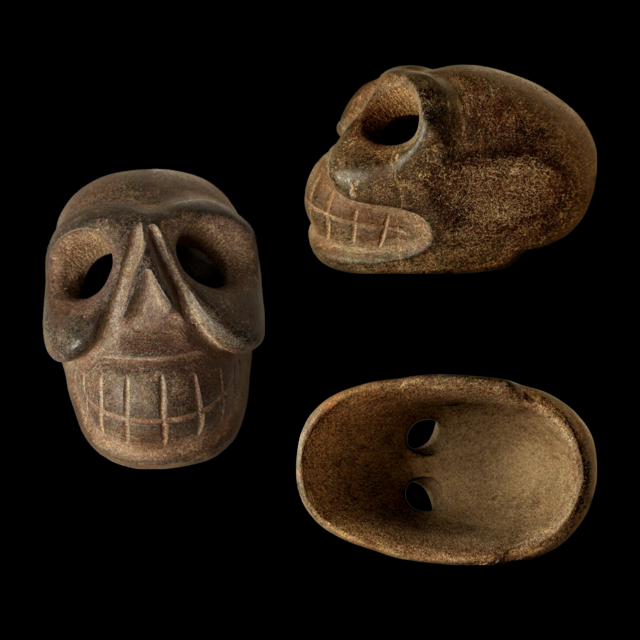 Maya Stone Skull viewed from three areas.