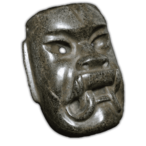 An Olmec green stone mask showing its front right side.