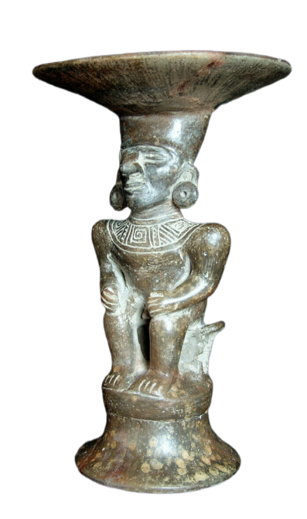 a Manteno seated figure incensario in a frontal pose.