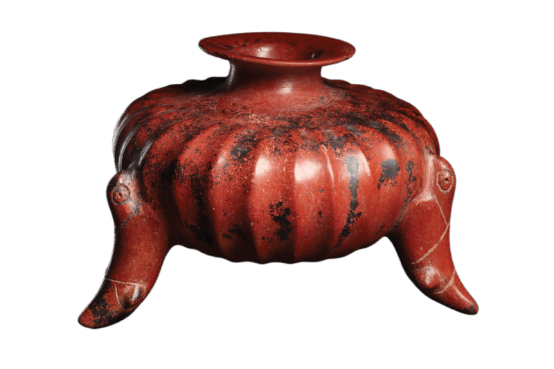 Large Colima Gadrooned Tripod Vessel with Parrot Form Legs